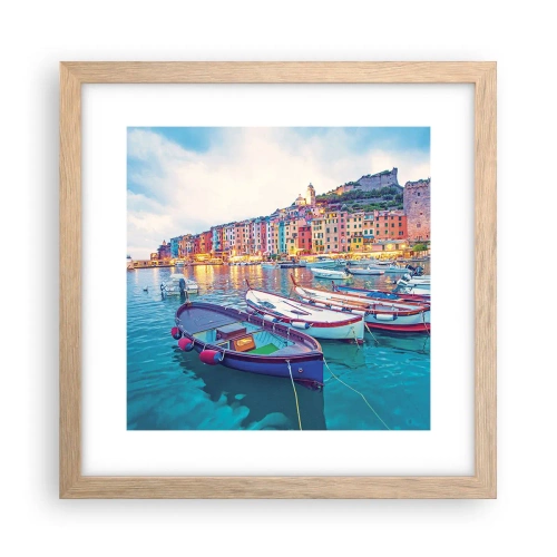 Een poster in een licht eiken lijst - Kleurrijke avond in de haven - 30x30 cm