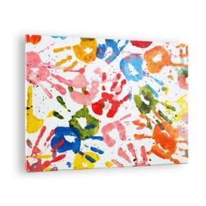 Schilderen op glas - Kleurrijke handafdrukken op een witte achtergrond - 70x50cm - Volg de voetstappen - Moderne wanddecoratie voor woonkamer en slaapkamer ARTTOR