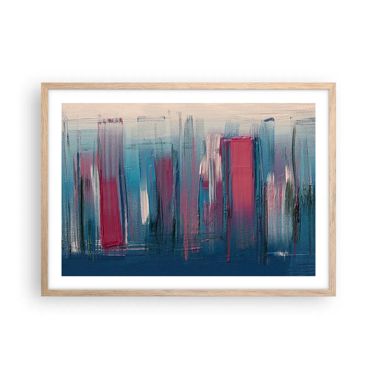 Een poster in een licht eiken lijst - Verticale compositie in blauw en rood - 70x50 cm