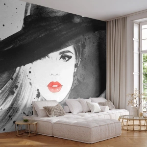 Zelfklevend Fotobehang Deluxe Sticker - Vrouw in het zwart - Vrouw, Het gezicht van de vrouw, Portret van een vrouw - 150x105 cm
