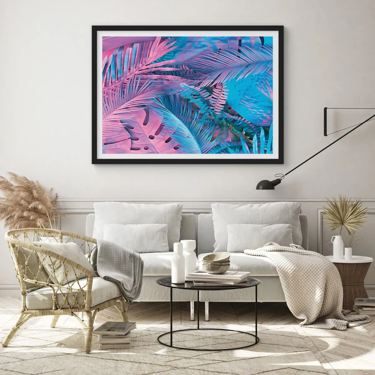 Poster in een zwarte lijst - Tropen in roze en blauw - 50x40 cm