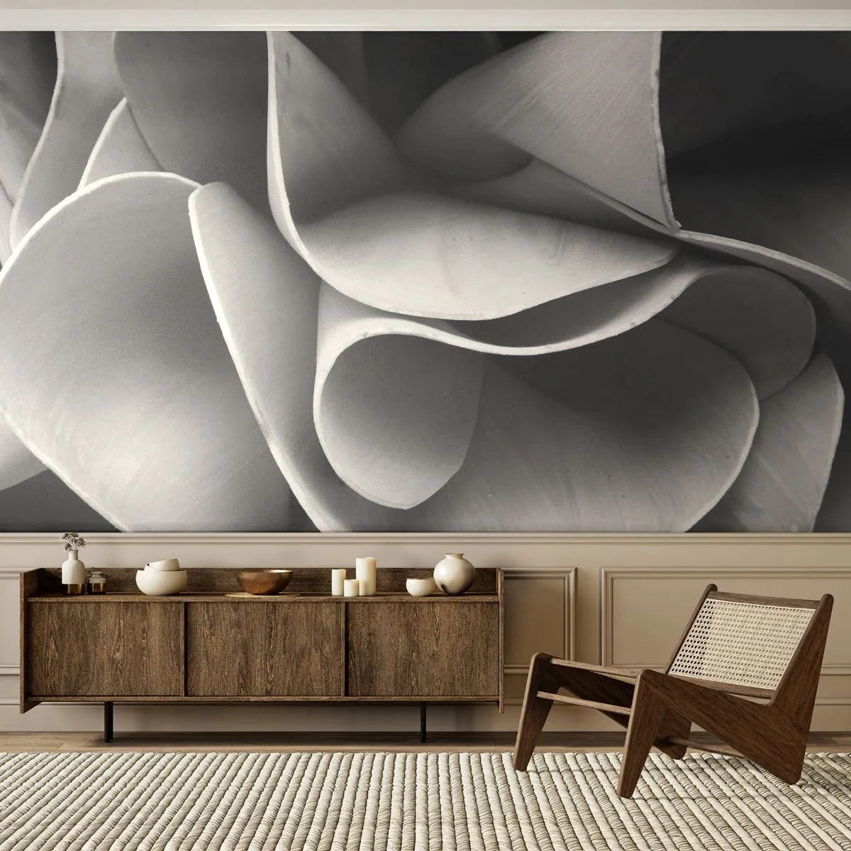 Fotobehang Premium Sand - Het gebeurt in de ruimte - Abstractie, Deel, Zwart en wit - 350x256 cm