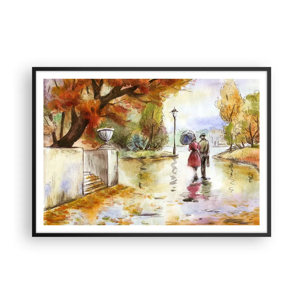 Poster in een zwarte lijst - Romantische herfst in het park - 100x70 cm