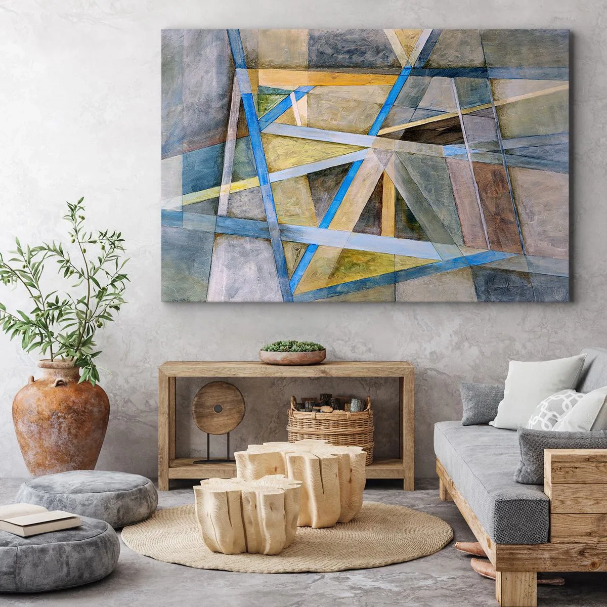 Schilderen op canvas - Geometrische compositie met lichte en blauwe lijnen - 70x50cm - Recht of diagonaal? - Moderne wanddecoratie voor woonkamer en slaapkamer ARTTOR