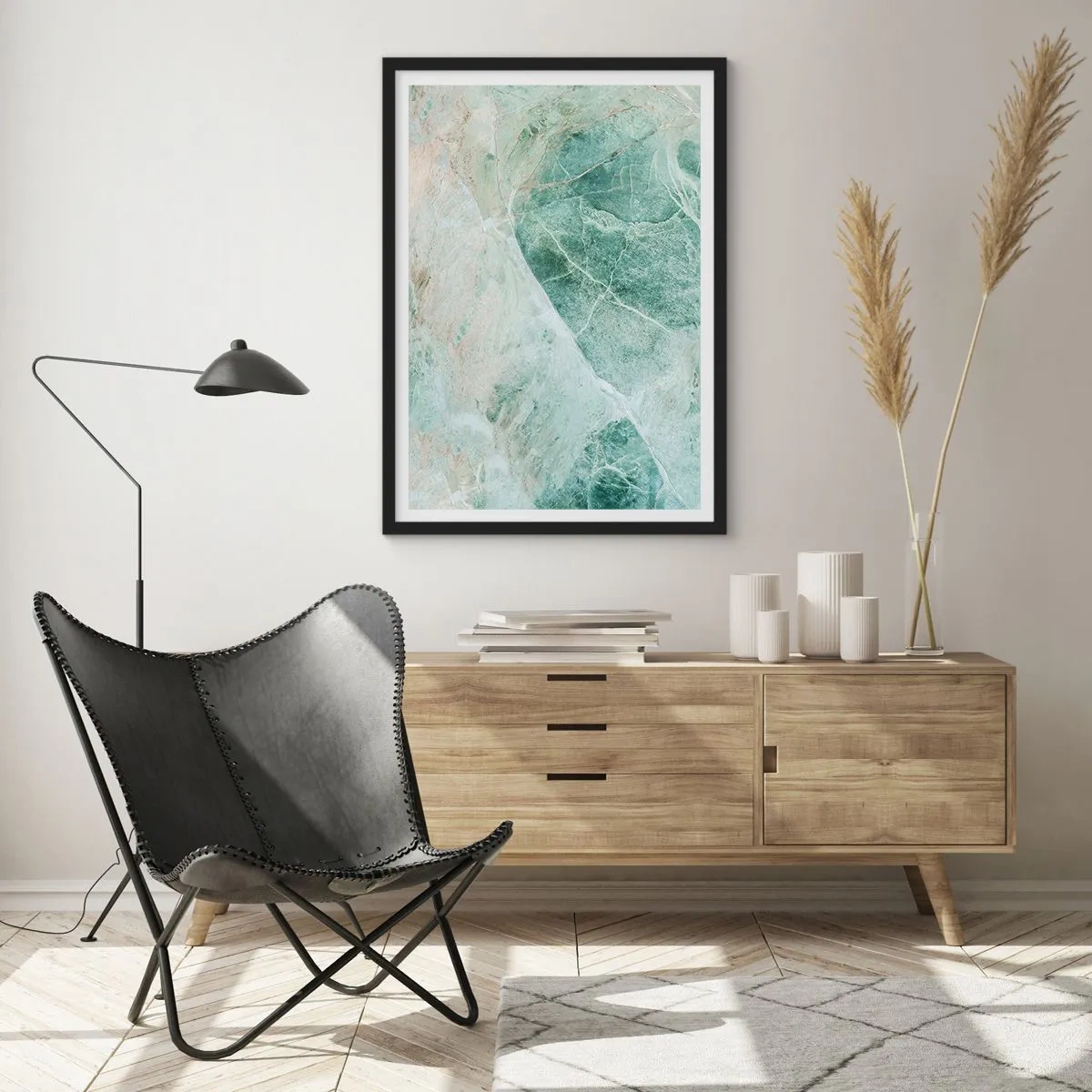 Poster in een zwarte lijst - Groene marmerstructuur met delicate witte aderen - 50x70cm - De nobele kou van steen - Moderne wanddecoratie voor woonkamer en slaapkamer ARTTOR