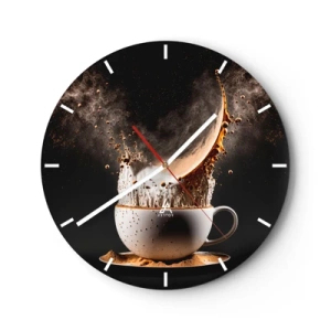 Wandklok - Klok - Koffie die uit een kopje explodeert op een zwarte achtergrond - 30x30cm - Een explosie van smaak - Moderne wanddecoratie voor woonkamer, keuken en slaapkamer ARTTOR