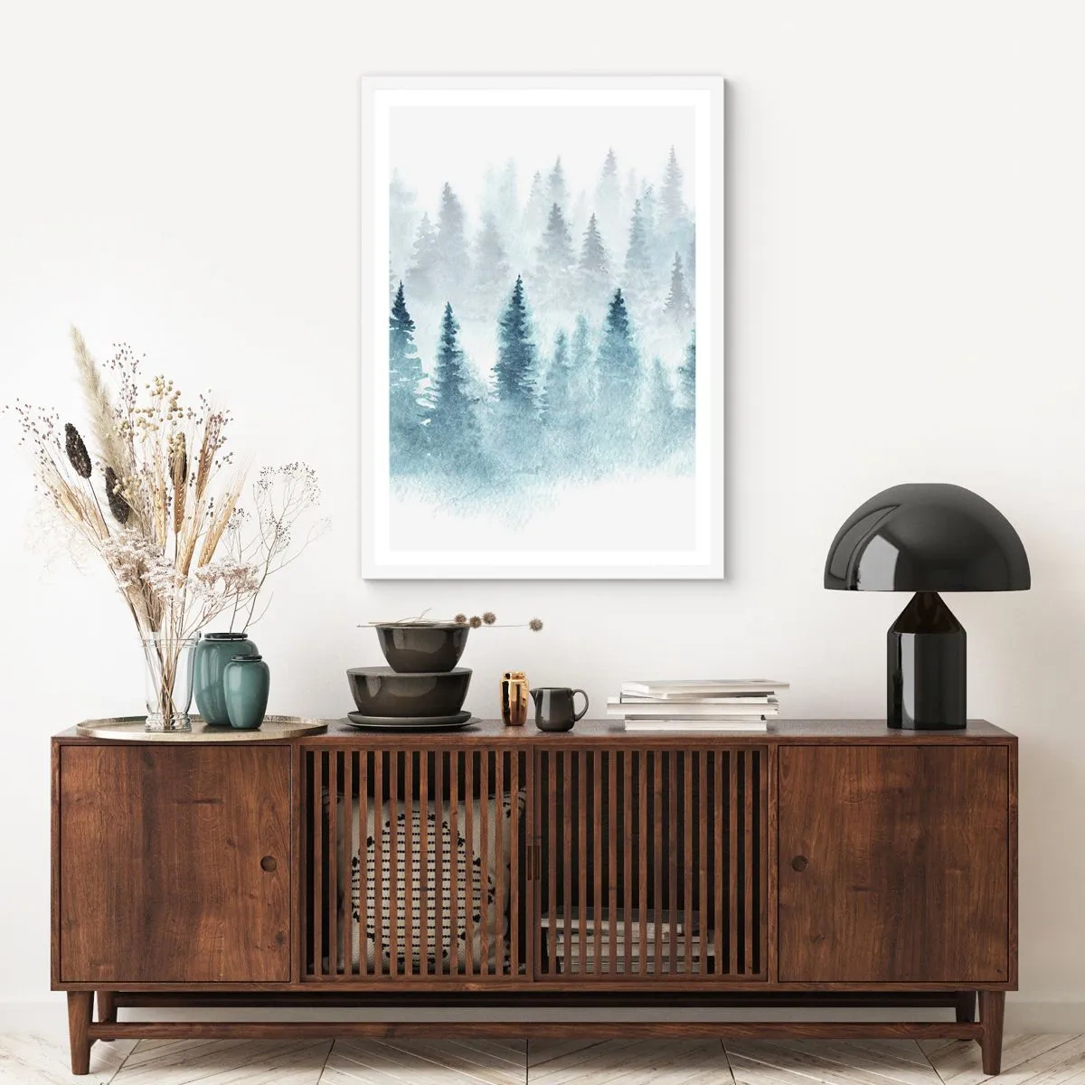 Poster in een witte lijst - Gehuld in mist - 70x100 cm