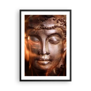 Poster in een zwarte lijst - Boeddhabeeld gloeit met warm licht - 50x70cm - Het bestaat alleen hier en nu - Moderne wanddecoratie voor woonkamer en slaapkamer ARTTOR