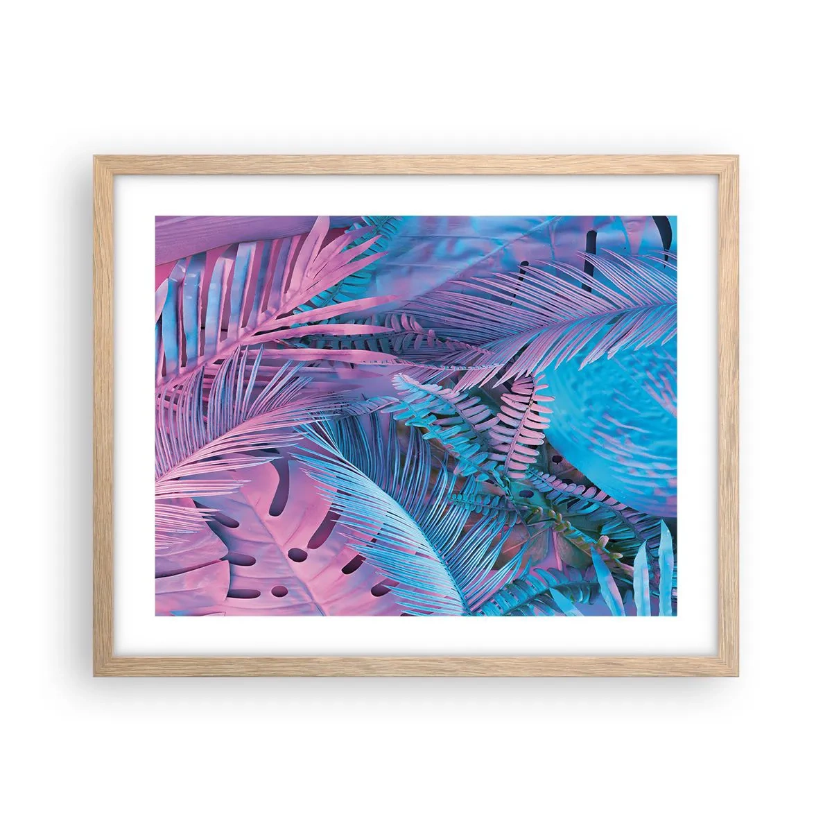 Een poster in een licht eiken lijst - Tropen in roze en blauw - 50x40 cm