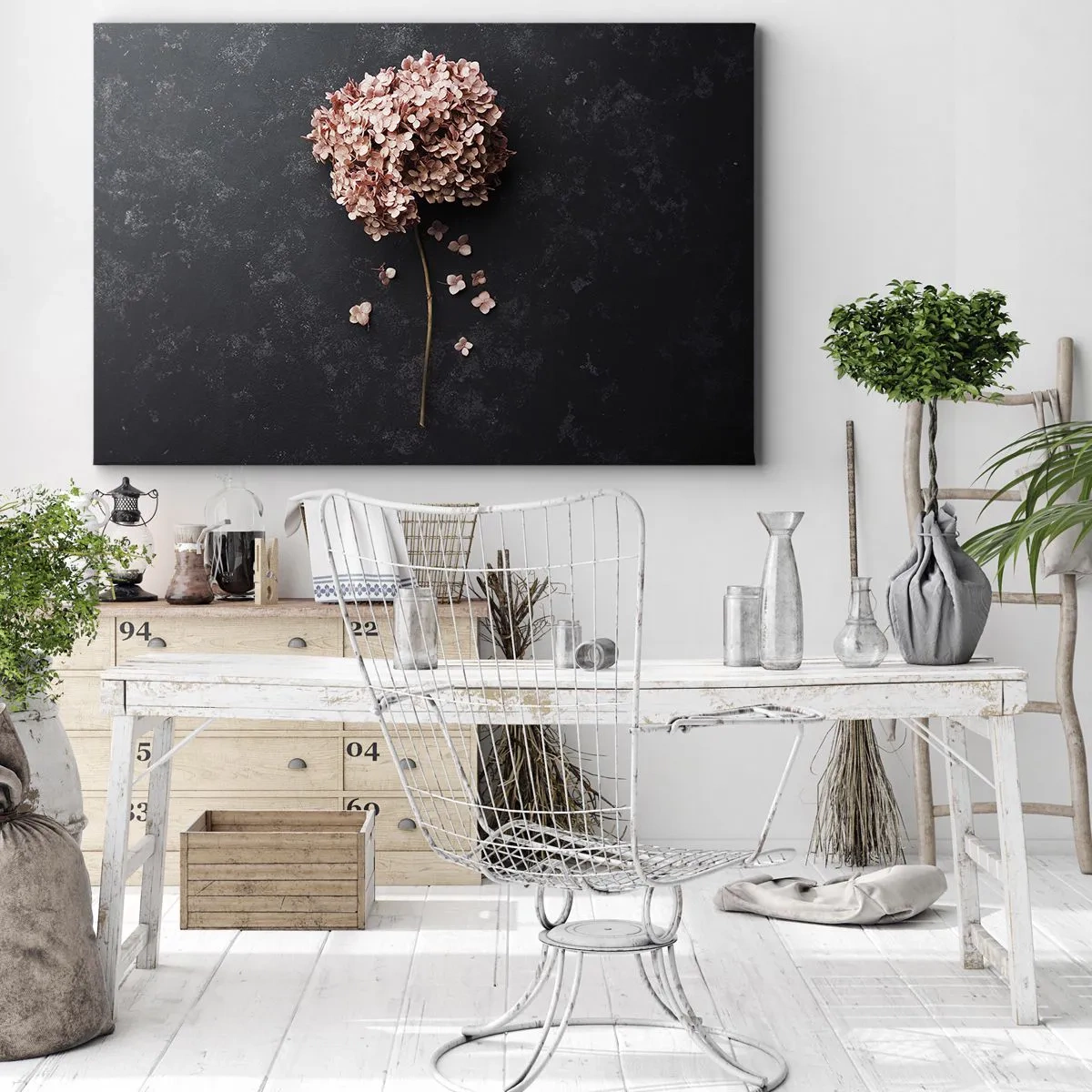 Schilderen op canvas - Een delicate hortensiabloem op een donkere achtergrond - 70x50cm - Een echt romantisch teken - Moderne wanddecoratie voor woonkamer en slaapkamer ARTTOR