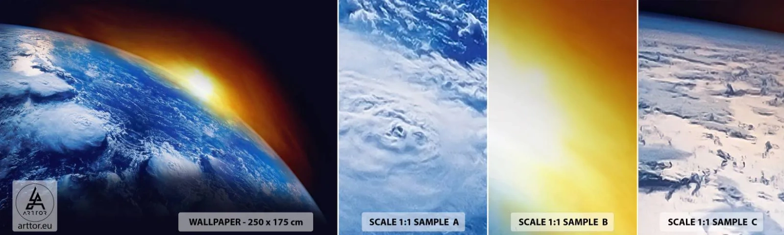 Fotobehang Staaltje Standard Eco - Zonsopgang boven de blauwe planeet - Abstractie, 3D, Kosmos - 100x30 cm