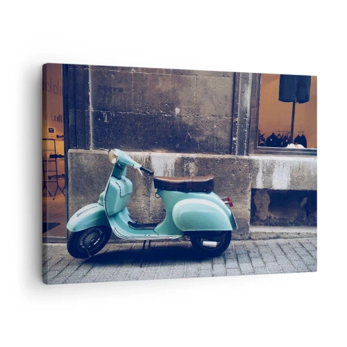 Schilderen op canvas - Een retro-scooter geparkeerd tegen een stenen muur - 70x50cm - Onvergetelijke sfeer - Moderne wanddecoratie voor woonkamer en slaapkamer ARTTOR