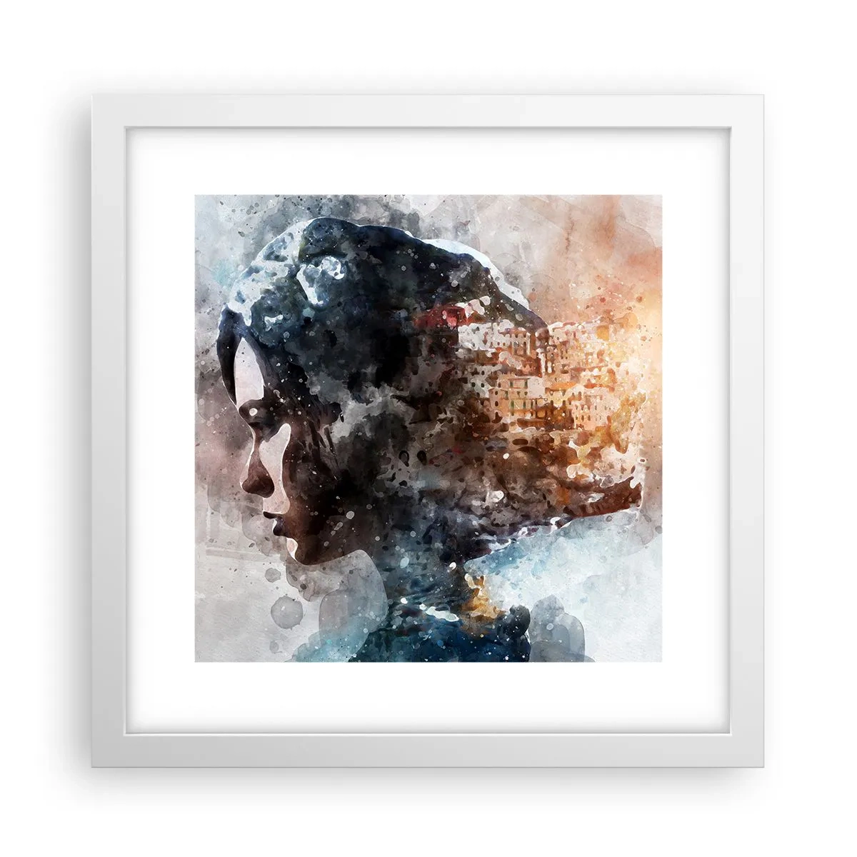 Poster in een witte lijst - Een verhaal over een meisje met een stad op de achtergrond - 30x30 cm