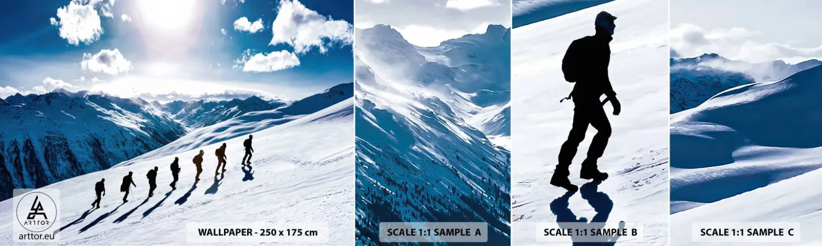 Fotobehang Monster Zelfklevend Deluxe Sticker - Het team van de veroveraars - Bergwandeling, Landschap, Alpen - 100x30 cm