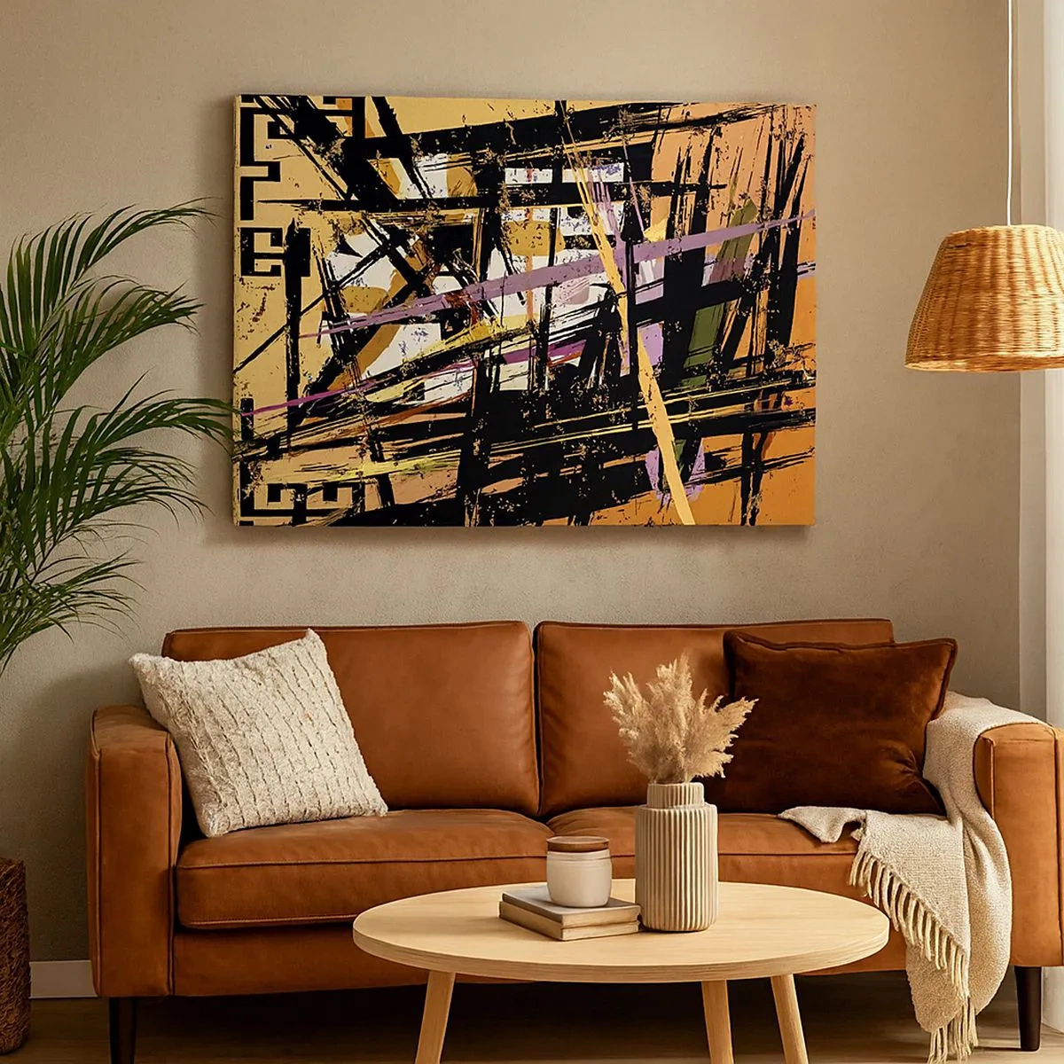 Schilderen op canvas - Abstracte lijnen en vormen op een beige achtergrond - 70x50cm - Een scherp snijden - Moderne wanddecoratie voor woonkamer en slaapkamer ARTTOR