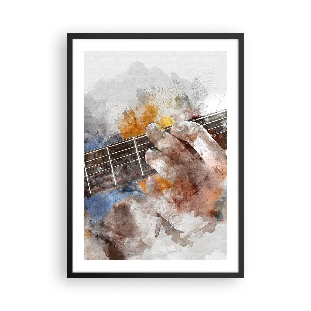 Poster in een zwarte lijst - Artistieke hand die gitaar speelt in aquarelstijl - 50x70cm - Poëzie tussen de snaren - Moderne wanddecoratie voor woonkamer en slaapkamer ARTTOR