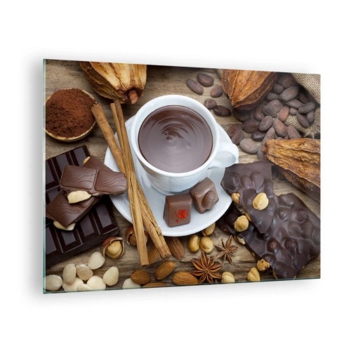 Schilderen op glas - Een kop warme chocolademelk met toppings op een rustieke achtergrond - 70x50cm - Uit een sprookjesachtige chocoladefabriek - Moderne wanddecoratie voor woonkamer en slaapkamer ARTTOR