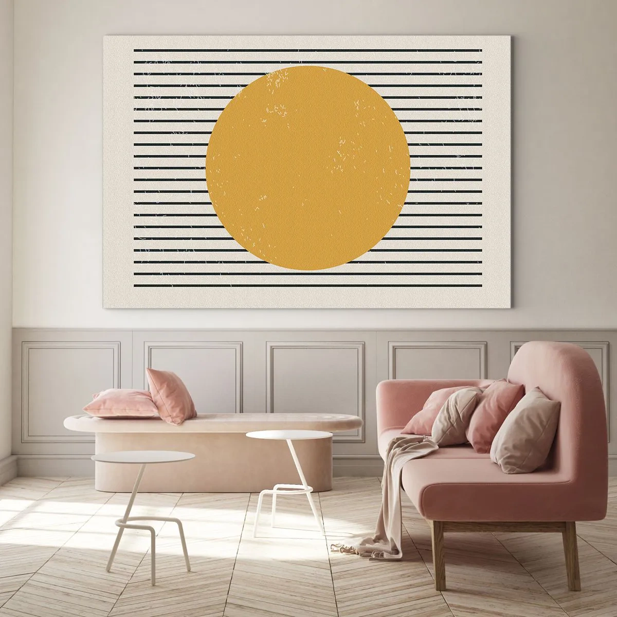 Schilderen op glas - Een oranje cirkel tegen een achtergrond van horizontale zwarte lijnen op een beige achtergrond. - 70x50cm - De kracht van eenvoud - Moderne wanddecoratie voor woonkamer en slaapkamer ARTTOR