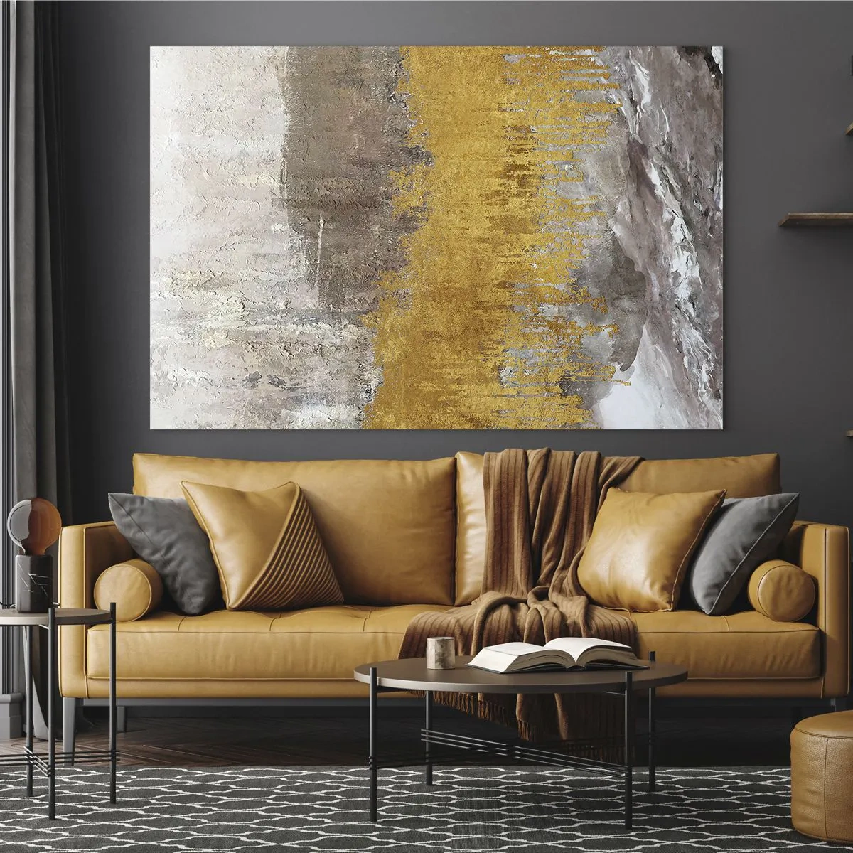 Schilderen op glas - Gouden en aardse structuren creëren dynamische abstractie - 70x50cm - Een gouden explosie - Moderne wanddecoratie voor woonkamer en slaapkamer ARTTOR