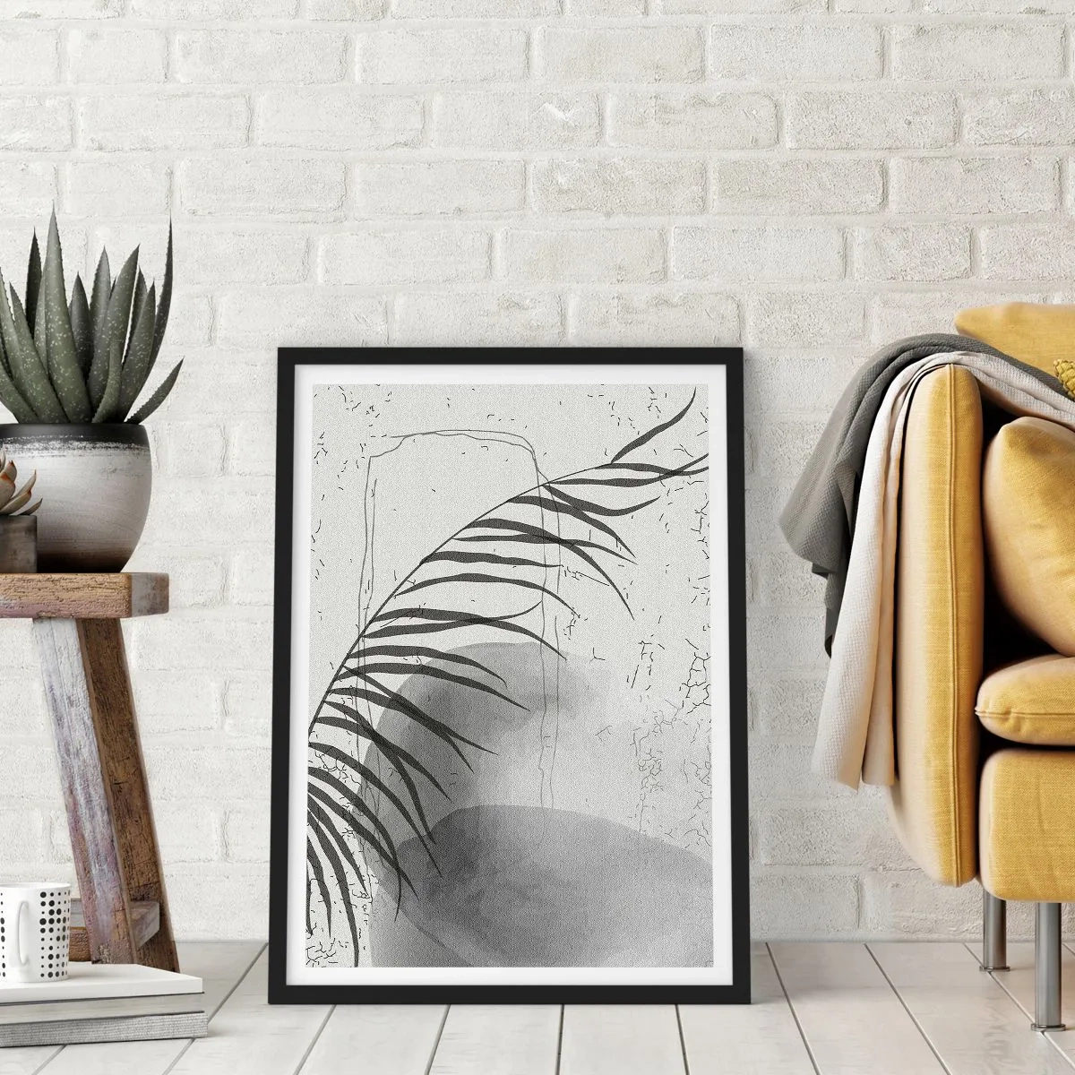 Poster in een zwarte lijst - Een minimalistische botanische compositie in grijstinten - 50x70cm - Het subtiele exotisme van de natuur - Moderne wanddecoratie voor woonkamer en slaapkamer ARTTOR