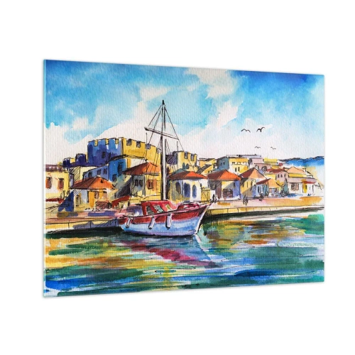 Schilderen op glas - Een kleurrijke jachthaven met een zeilboot en mediterrane architectuur - 70x50cm - Regenboogmiddag - Moderne wanddecoratie voor woonkamer en slaapkamer ARTTOR