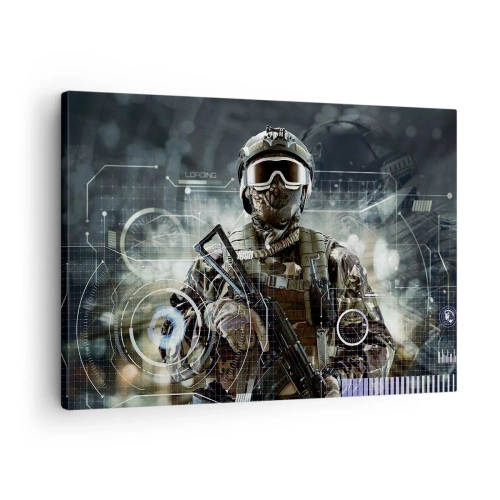 Schilderen op canvas - Een soldaat met een futuristische helm en een pistool op de achtergrond van technologie. - 70x50cm - Macht tot een macht verheven - Moderne wanddecoratie voor woonkamer en slaapkamer ARTTOR