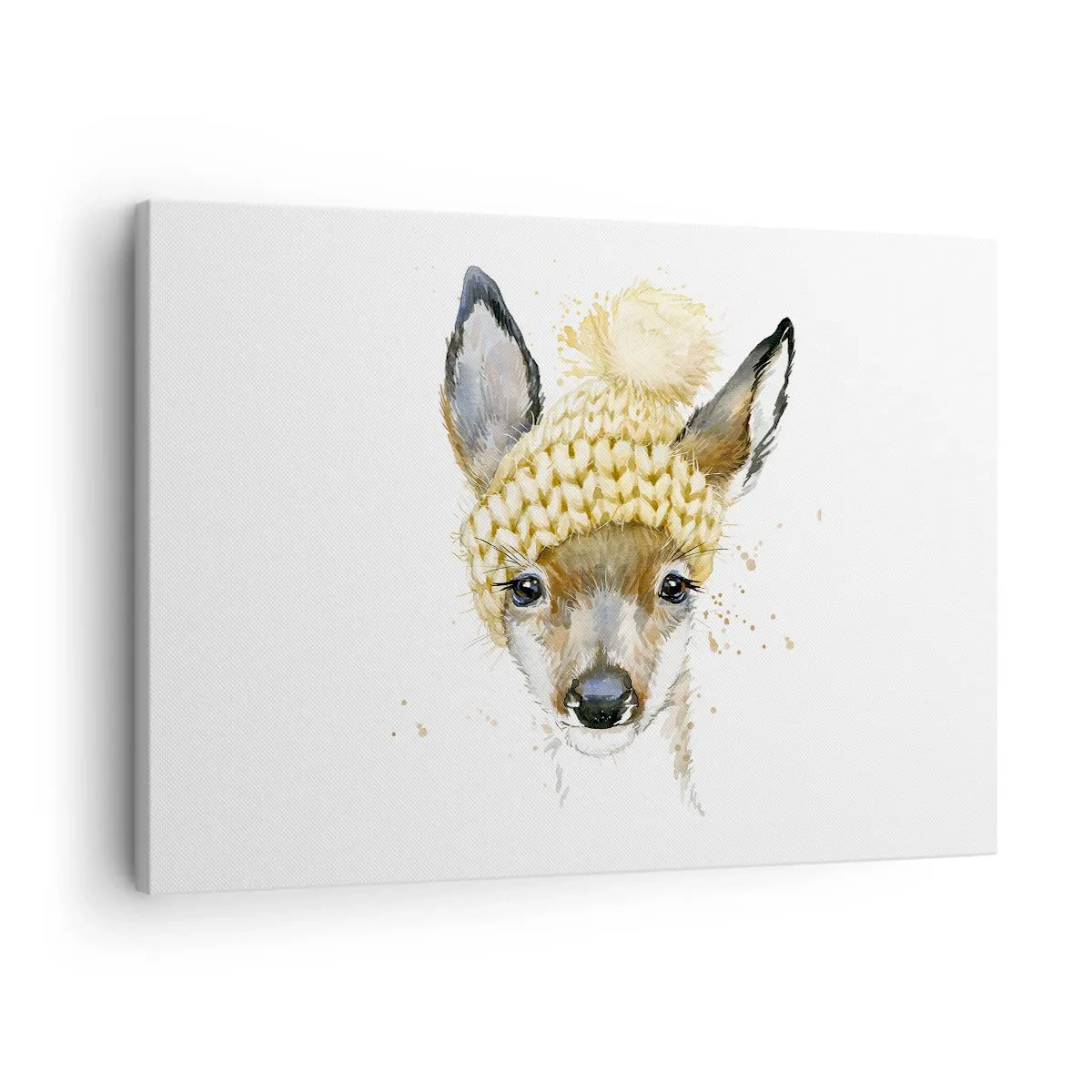 Schilderen op canvas - Aquarel hert met gele muts - 70x50cm - Voor de winter in een besneeuwd bos - Moderne wanddecoratie voor woonkamer en slaapkamer ARTTOR
