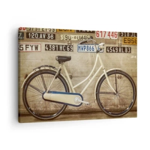 Schilderen op canvas - Een retrofiets tegen een muur versierd met kentekenplaten - 70x50cm - Zonder complexen - Moderne wanddecoratie voor woonkamer en slaapkamer ARTTOR