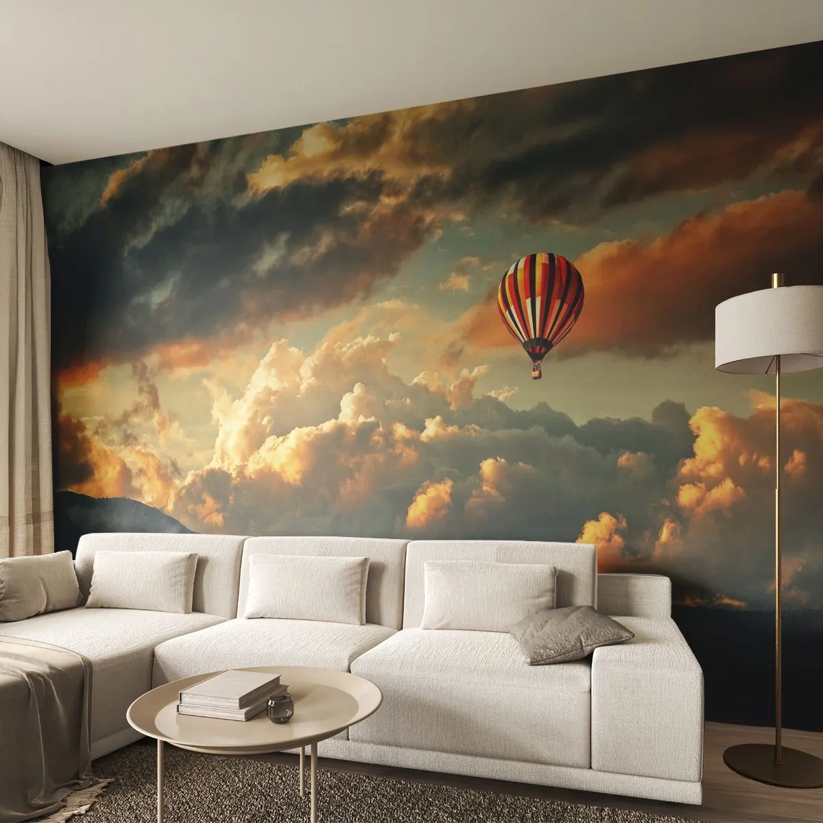 Fotobehang Premium Canvas - Ik vlieg omdat ik dat wil - Abstractie, Ballonvlucht, Bergen - 450x315 cm
