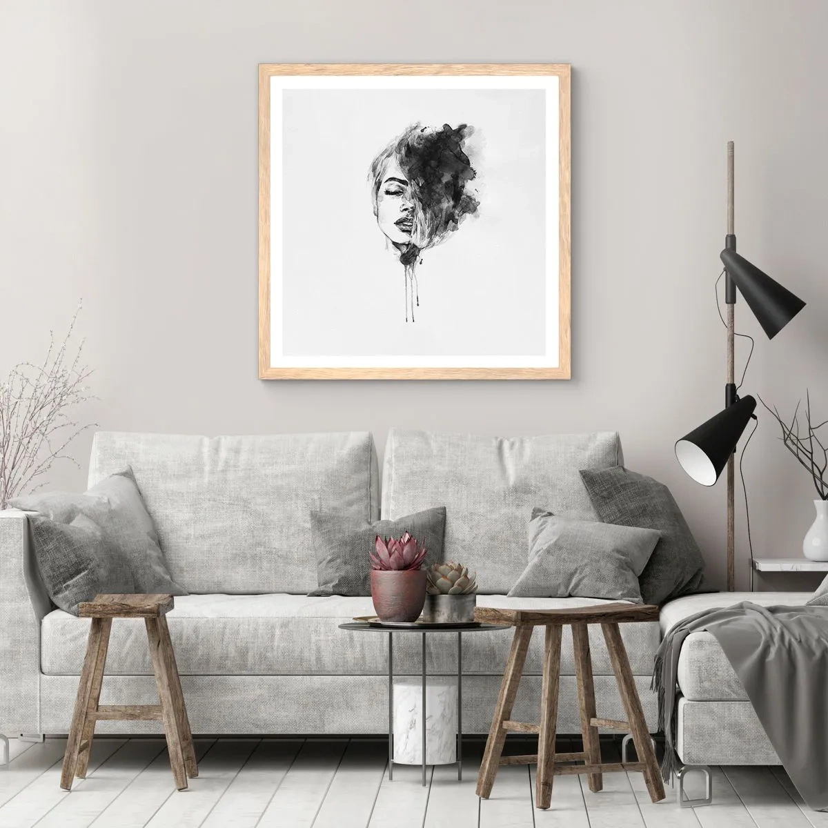 Een poster in een licht eiken lijst - Waar droomt het meisje over? - 30x30 cm