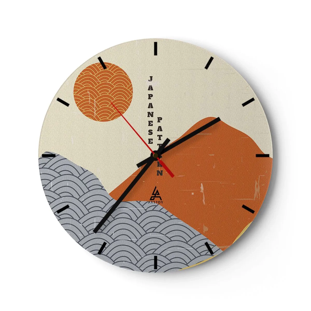 Wandklok - Klok - Grafische Japanse patronen met bergen, zon en golven - 30x30cm - In de Japanse spirit - Moderne wanddecoratie voor woonkamer, keuken en slaapkamer ARTTOR