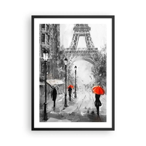 Poster in een zwarte lijst - Zwart-witte Eiffeltoren met rode paraplu's in de regen - 50x70cm - Alle wegen leiden naar haar - Moderne wanddecoratie voor woonkamer en slaapkamer ARTTOR