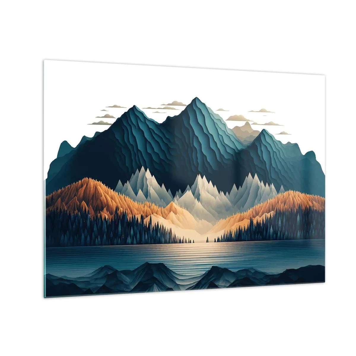 Schilderen op glas - Gestileerd berglandschap met bos en meer - 70x50cm - Perfect berglandschap - Moderne wanddecoratie voor woonkamer en slaapkamer ARTTOR