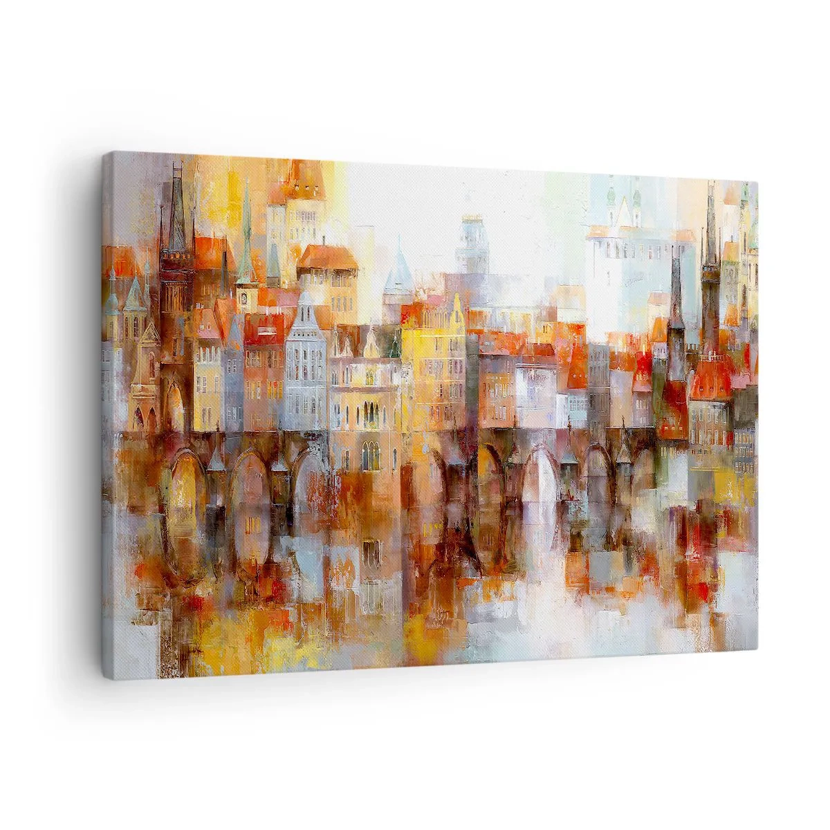 Schilderen op canvas - Een schilderachtig panorama van de stad met een brug in herfstkleuren - 70x50cm - Ook onder de brug is het mooi - Moderne wanddecoratie voor woonkamer en slaapkamer ARTTOR