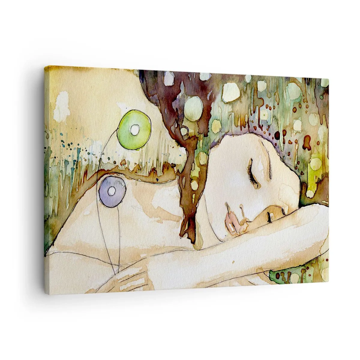 Schilderen op canvas - Een dromende vrouw, omringd door abstracte vormen en kleuren. - 70x50cm - Een smaragd-violette droom - Moderne wanddecoratie voor woonkamer en slaapkamer ARTTOR