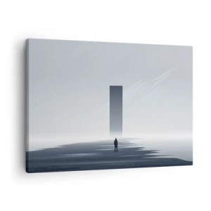 Schilderen op canvas - Een minimalistisch landschap met een silhouet naast een rechthoekige monoliet - 70x50cm - Kans of bedreiging? - Moderne wanddecoratie voor woonkamer en slaapkamer ARTTOR