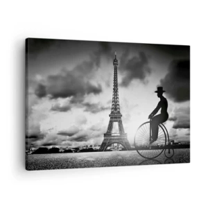 Schilderen op canvas - Zwart-witfoto van een retrofiets met de Eiffeltoren op de achtergrond - 70x50cm - Verlangen naar Belle Epoque - Moderne wanddecoratie voor woonkamer en slaapkamer ARTTOR