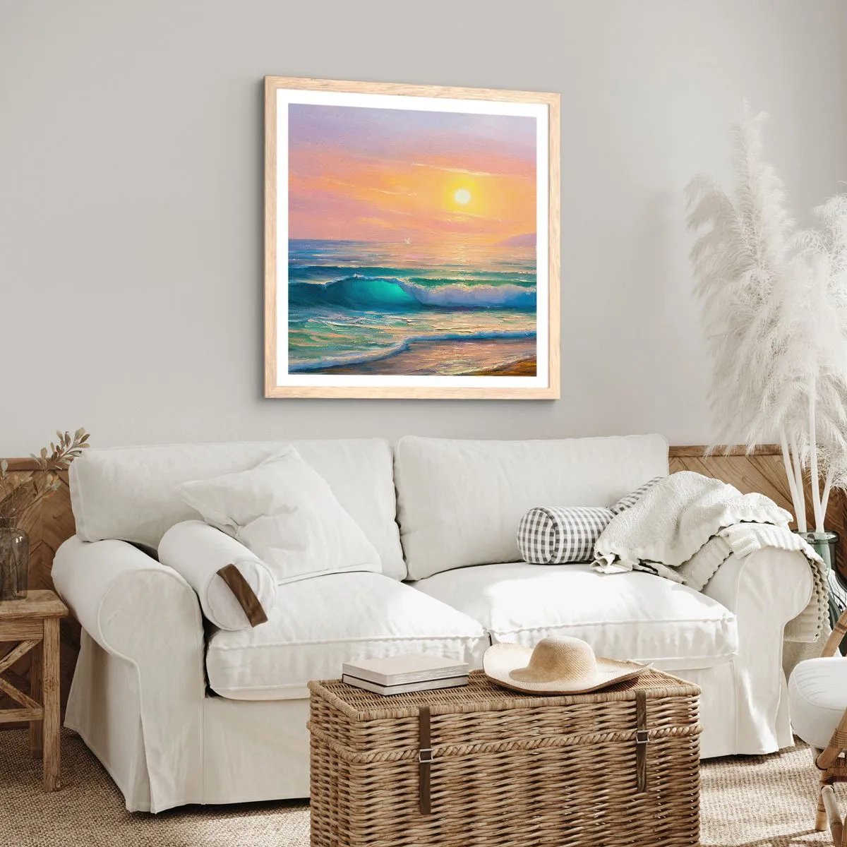 Een poster in een licht eiken lijst - Een turquoise lied van de golven - 50x50 cm