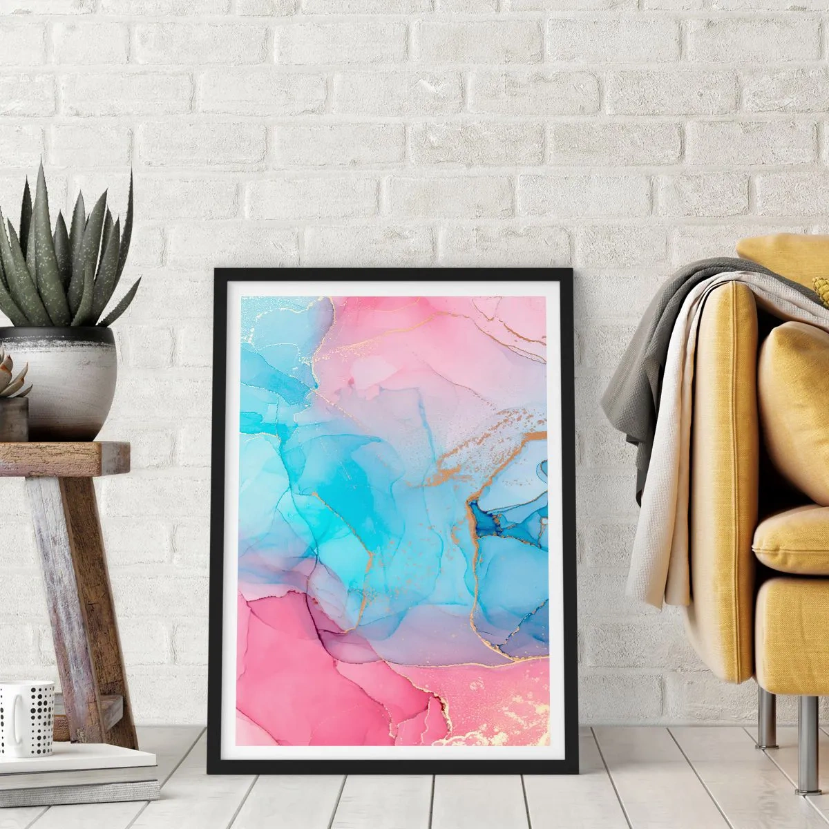 Poster in een zwarte lijst - Abstracte vlekken in tinten roze, blauw en goud - 50x70cm - Ontmoeting en interpenetratie - Moderne wanddecoratie voor woonkamer en slaapkamer ARTTOR