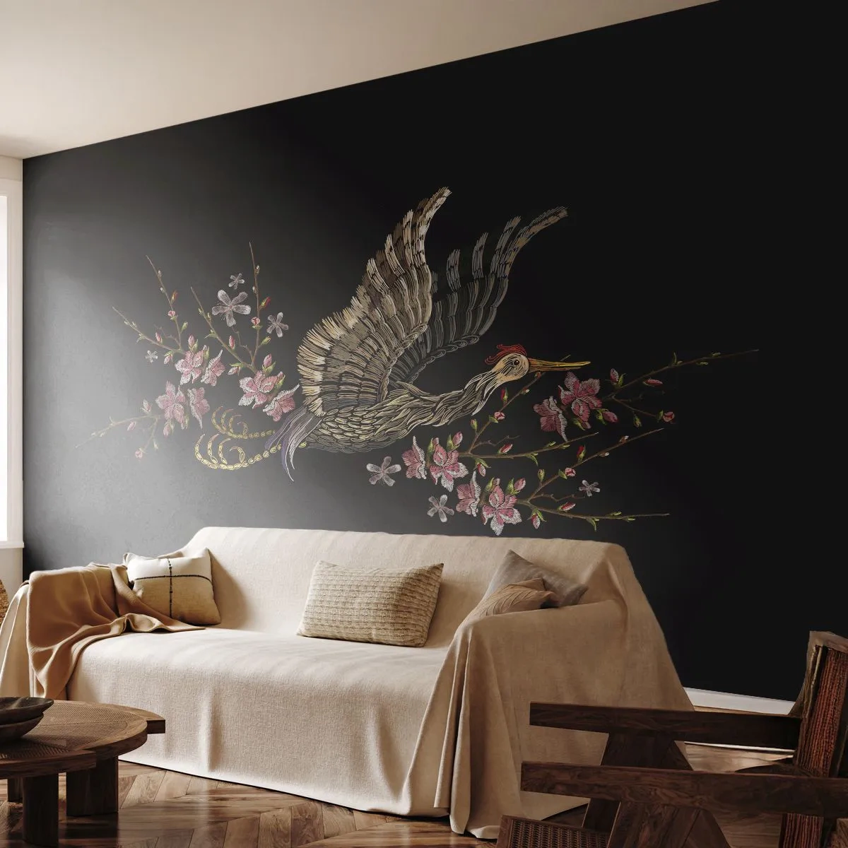 Zelfklevend Fotobehang Deluxe Sticker - Exotische geborduurde vogel - Vogel, Grafisch, Bloemen - 200x140 cm