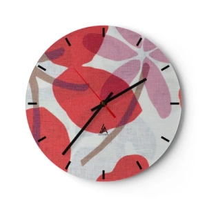 Wandklok - Klok - Roze en rode bladeren op een witte achtergrond met een linnenstructuur - 30x30cm - Bloemstuk in roze - Moderne wanddecoratie voor woonkamer, keuken en slaapkamer ARTTOR