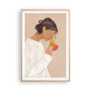 Een poster in een licht eiken lijst - Meisje en bloemen - 61x91 cm