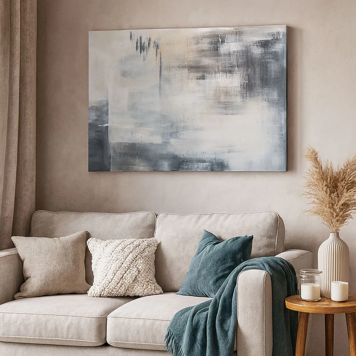 Schilderen op canvas - Abstracte compositie in tinten blauw en grijs - 70x50cm - Achter het blauwe gordijn - Moderne wanddecoratie voor woonkamer en slaapkamer ARTTOR