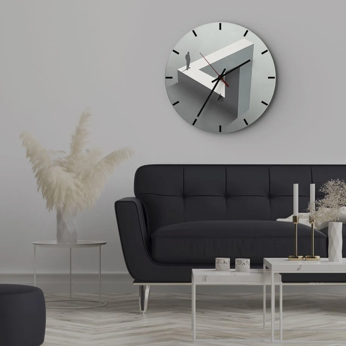 Wandklok - Klok - Een man staat bovenop een onmogelijke geometrische figuur. - 30x30cm - Maar het is toch mogelijk - Moderne wanddecoratie voor woonkamer, keuken en slaapkamer ARTTOR
