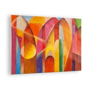 Schilderen op glas - Kleurrijke abstractie met geometrische vormen - 70x50cm - Kathedraal van de zon - Moderne wanddecoratie voor woonkamer en slaapkamer ARTTOR