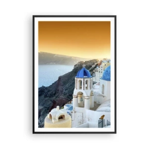 Poster in een zwarte lijst - Santorini - genesteld tegen de rotsen - 70x100 cm