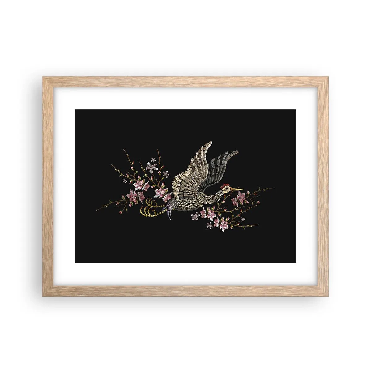 Een poster in een licht eiken lijst - Exotische geborduurde vogel - 40x30 cm