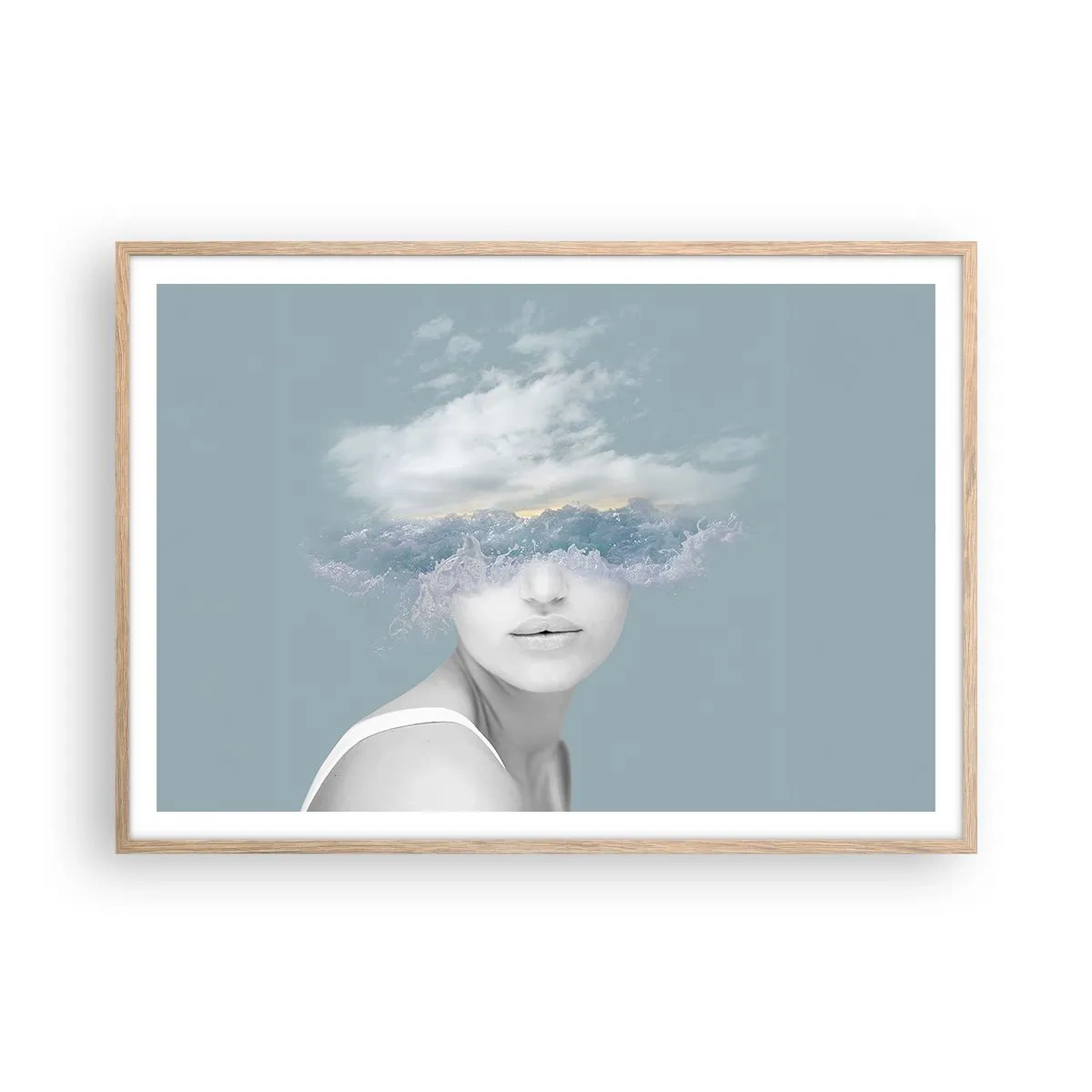 Een poster in een licht eiken lijst - Met hoofd in de wolken - 100x70 cm