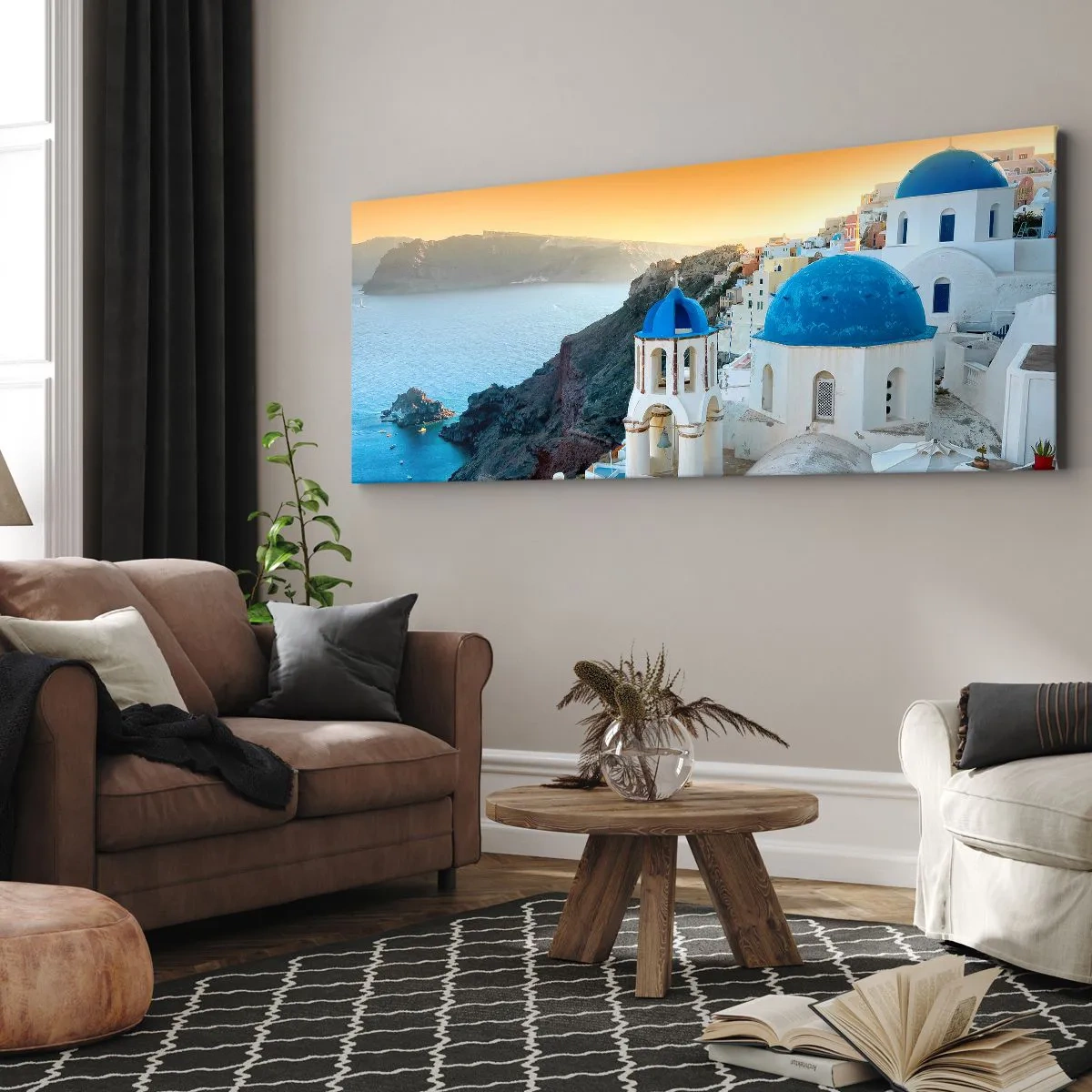 Schilderen op canvas - Santorini - genesteld tegen de rotsen - 100x40 cm