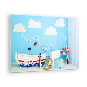 Schilderen op glas - Decoratief zeegezicht met een boot en nautische rekwisieten - 70x50cm - Het verlangen van een kind naar avontuur - Moderne wanddecoratie voor woonkamer en slaapkamer ARTTOR